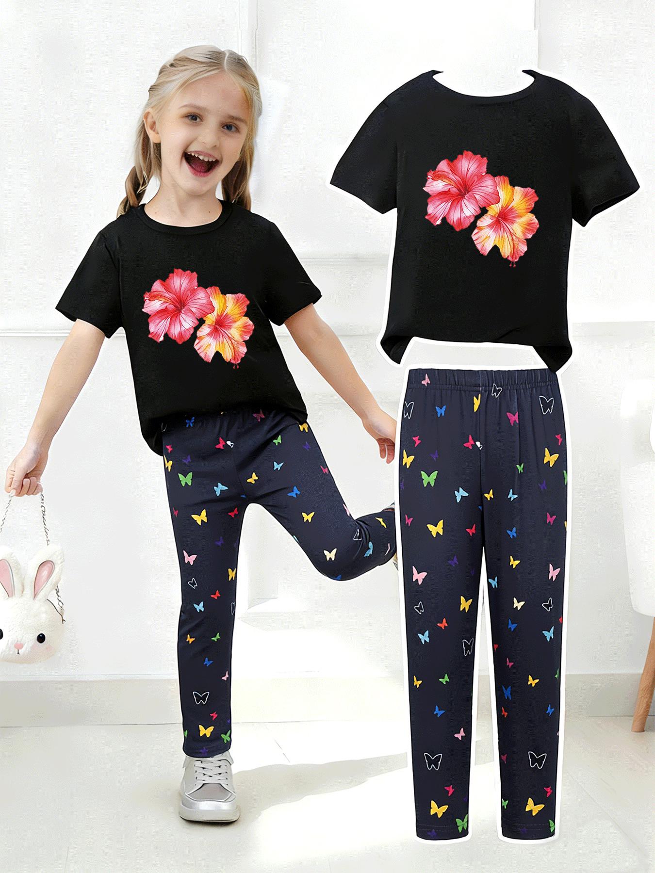 Summer Girls  Casual Short-Sleeve and Long Pants Set – European and American Print 5Y
