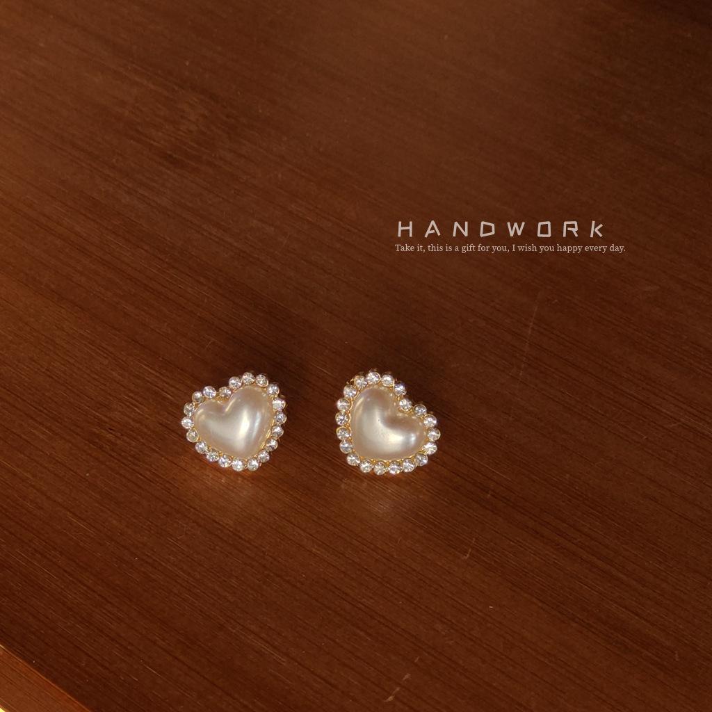 14K Gold & Silver Heart-Shaped Diamond Stud Earrings - Korean Style