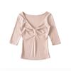 Deep V-Neck Kink Medium Sleeve T-Shirt Women's Summer New American Spice Girl Style Solid Color Slim Skinny Bottom Top