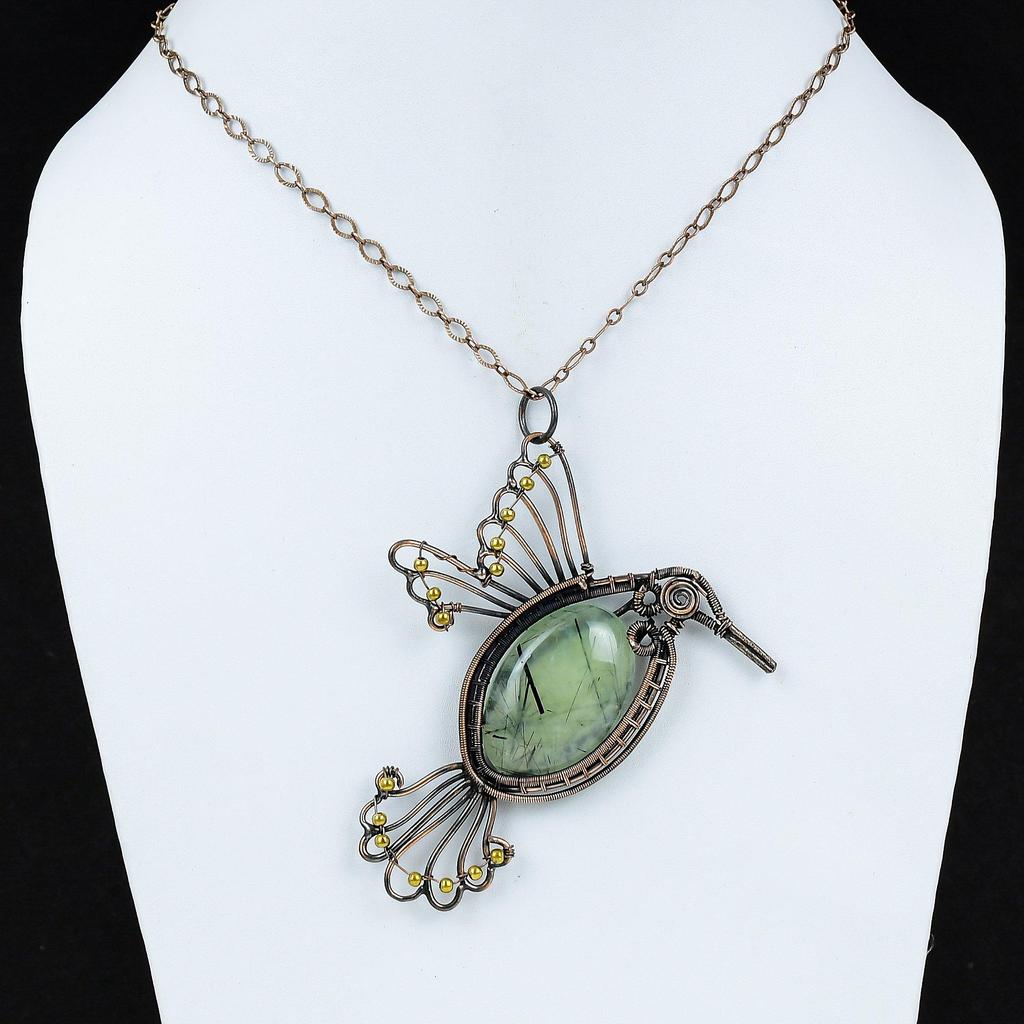 Moss Prehnite Pendant Copper Wire Wrapped Pendant Gemstone Copper Jewelry Dainty Pendant Bird Jewelry Handmade Designer Pendant Gift For Him