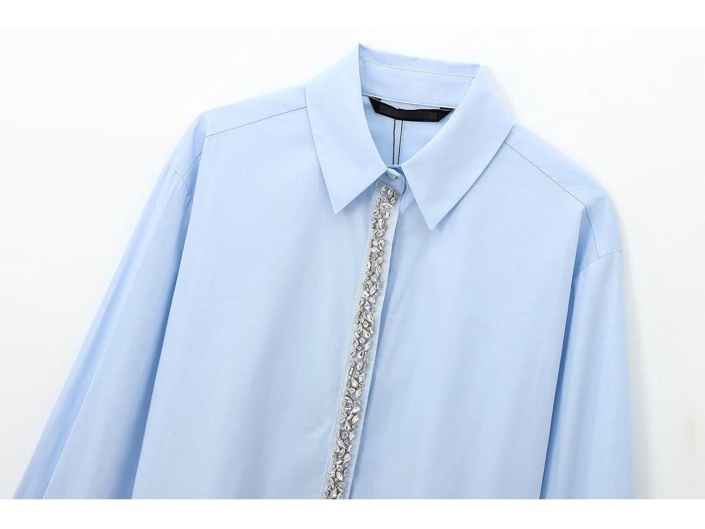 2024 Winter European & American Style Women's Fashion Turn-Down Collar Poplin Short Shirt with Jewelry Accents