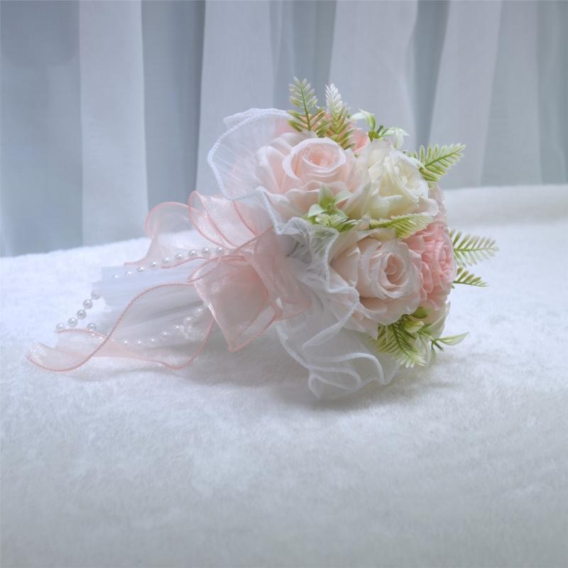 Realistic Pearls Decors Bridal Hand Bouquet Silk Flower Arrangement for Wedding Anniversaries and Formal Occasion