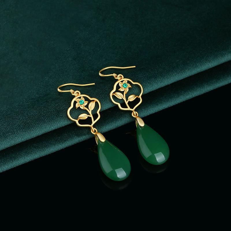 925 Sterling Silver Chalcedony Stud Earrings, Chinese Palace Style, Elegant Qipao Inspired Luxury for Women