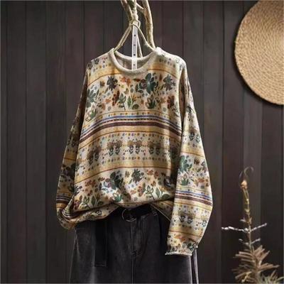 Kadın Sonbahar Niş Vintage O-Yaka Rahat Bol Retro Kazak Çin Tarzı Uzun Kollu Baskılı Kazak