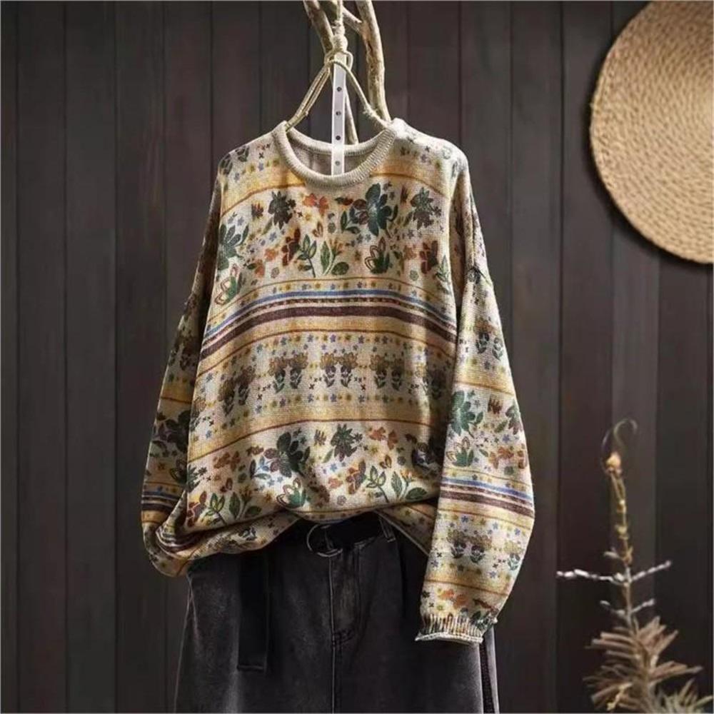Woman Autumn Niche Vintage O-Neck Casual Loose Retro Sweater Chinese Style Long Sleeves Print Sweater