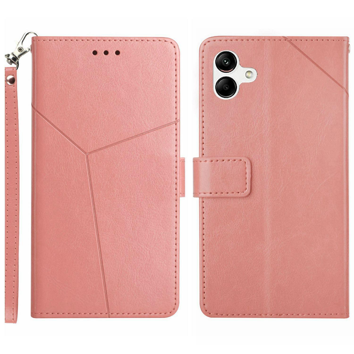 

For Samsung Galaxy A06 5G Case Y Shaped Lines Imprint Leather Phone Cover Pink