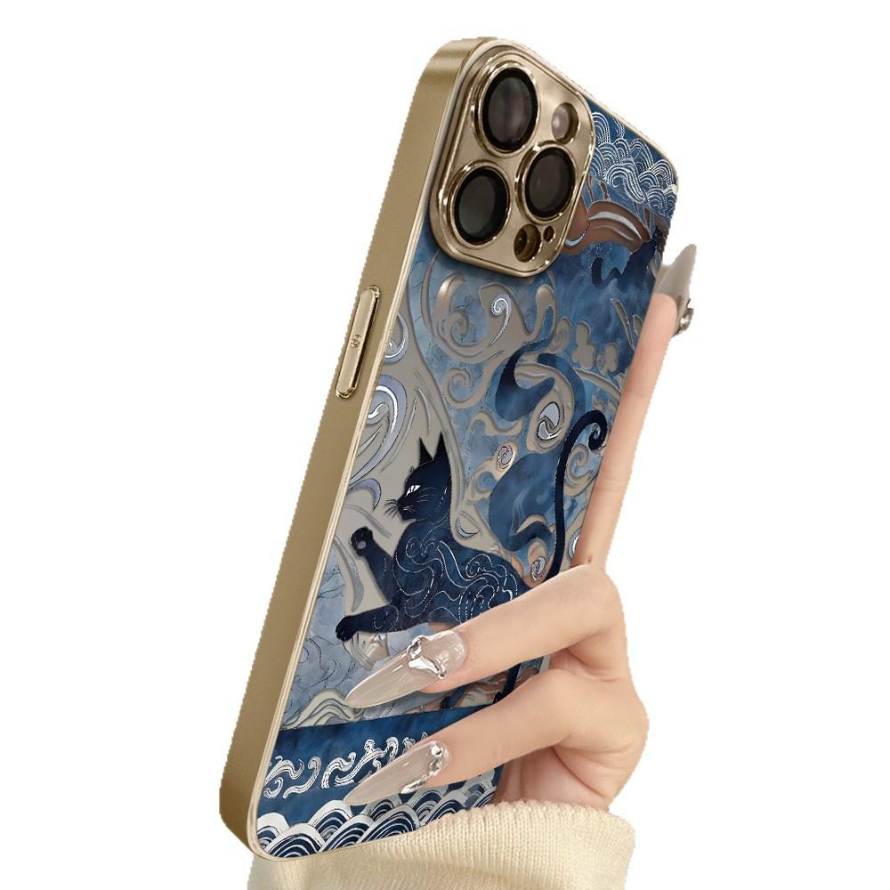 Dark Blue Cat Is Suitable for Apple 17promax16 New 15 Mobile Phone Case iPhone13 Mirror Apple 17 Mirror