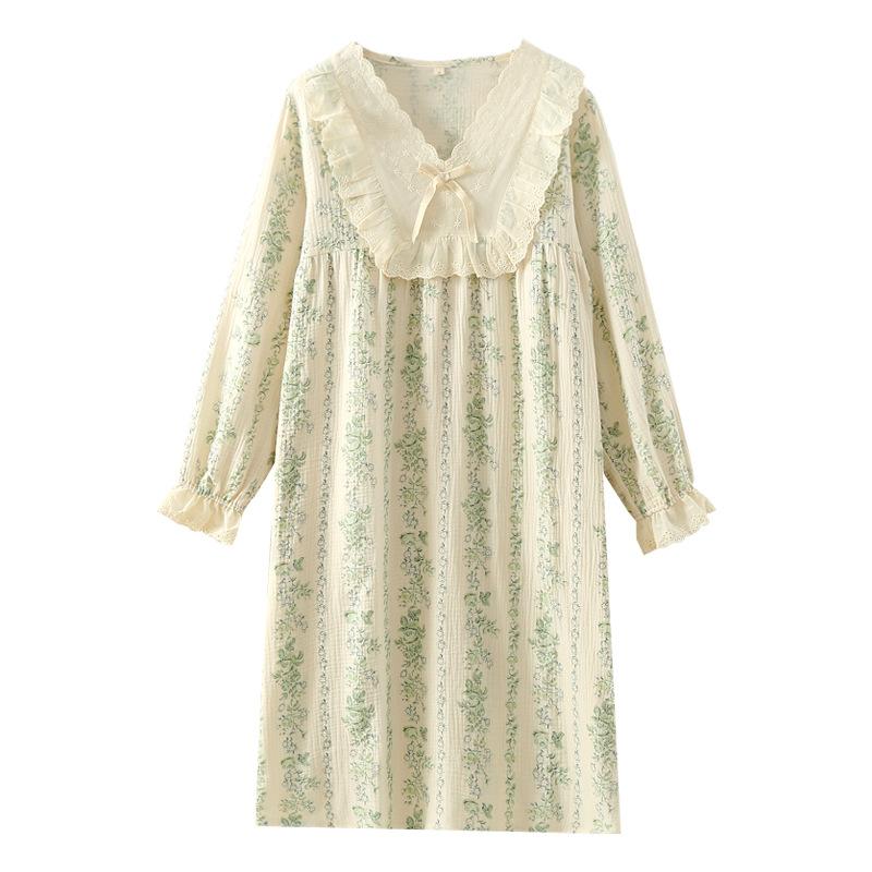 Pure cotton cotton yarn sweet autumn floral long-sleeved skirt thin nightdress home skirt thin loose can be worn gently