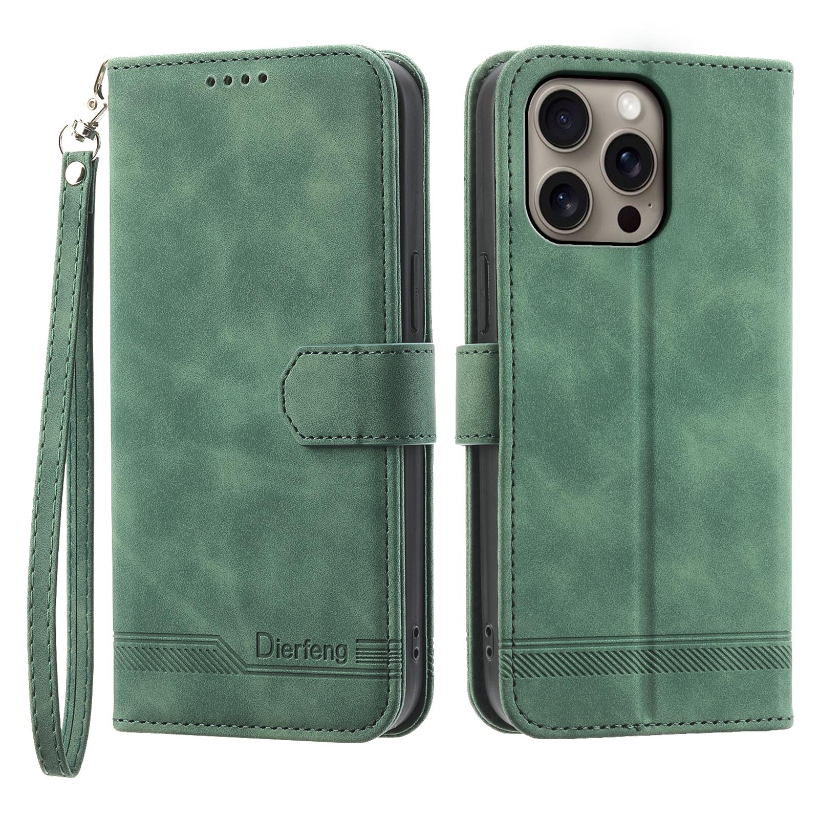 

DIERFENG DF-03 For iPhone 16 Pro Max Wallet Case Anti-Drop Lines Imprinted Phone Cover Green