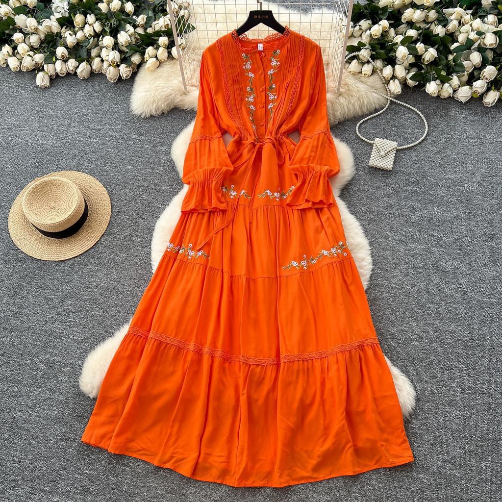Robe d'été française vintage ethnique pour femmes, dentelle brodée, élégante, manches longues, ample, décontractée, maxi, robe de soirée