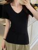 WhiteV-Neckshort Sleeve T-Shirt Women's Casual Loose-Fit Waist-Fitted Top Korean Style Polyester Fiber Summer Clothing