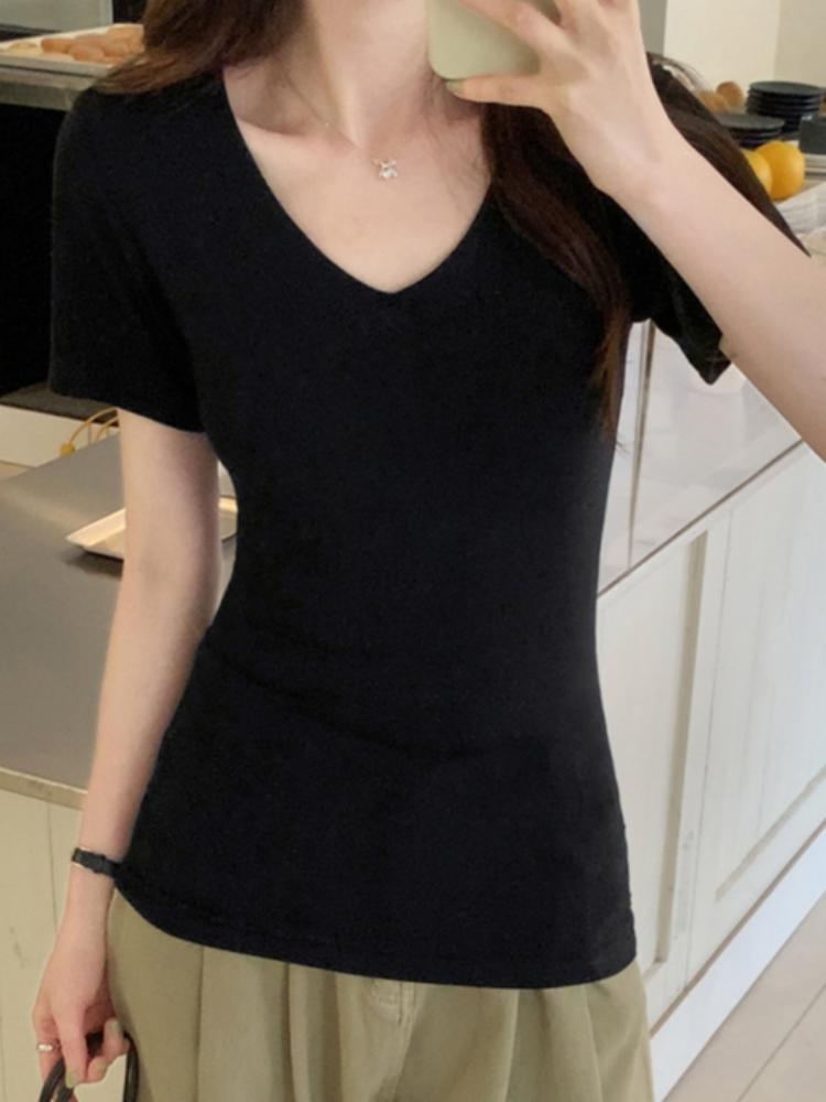 WhiteV-Neckshort Sleeve T-Shirt Women's Casual Loose-Fit Waist-Fitted Top Korean Style Polyester Fiber Summer Clothing