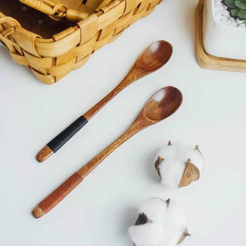 6Pcs Wooden Spoon Long Handled Teaspoon Honey Coffee Tea Spoon Small Wood Stirring Mixing Spoon Set Tea Coffee Stirrer Tableware