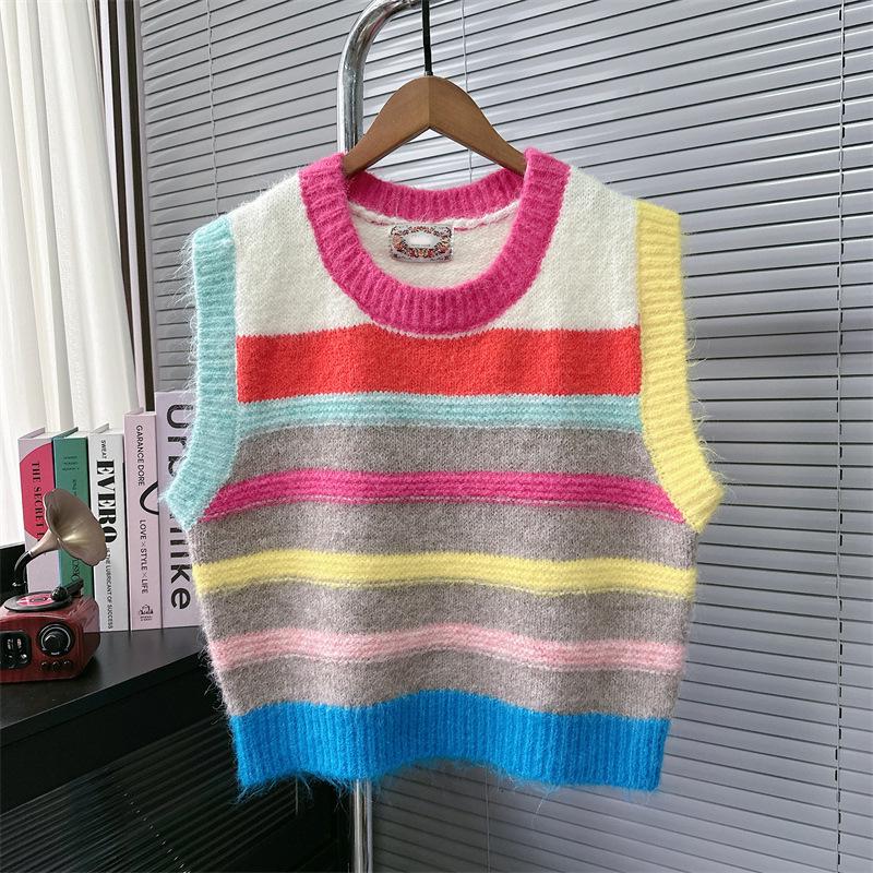 

Весна 2025 Женский вязаный жилет-свитер в полоску с цветовыми блоками и круглым вырезом One Size