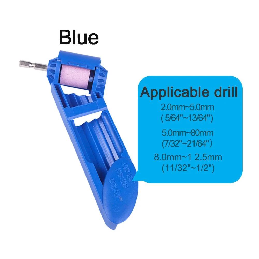Portable Drill Bit Sharpener and Grinder  Hand Held Power Tool  for Twist Drill Bits – 1 Blue Sharpener 4 Replacement Heads 1 Wrench Blue