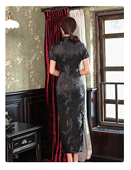 TRTRO Long Embroidered Cheongsam Ethnic Elegant Upgrade Print Size Women's Dress, Qipao, Fashion, (Plum Black, XL)