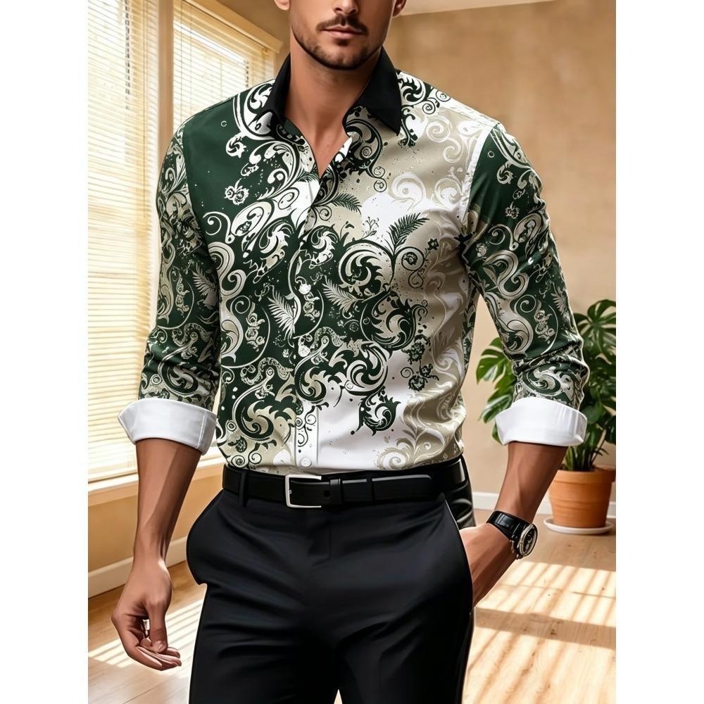 Men's Contrasting Baroque Printed Long Sleeved Shirt, Slim Fit Collar Shirt, European and American Party Trend Men's Top