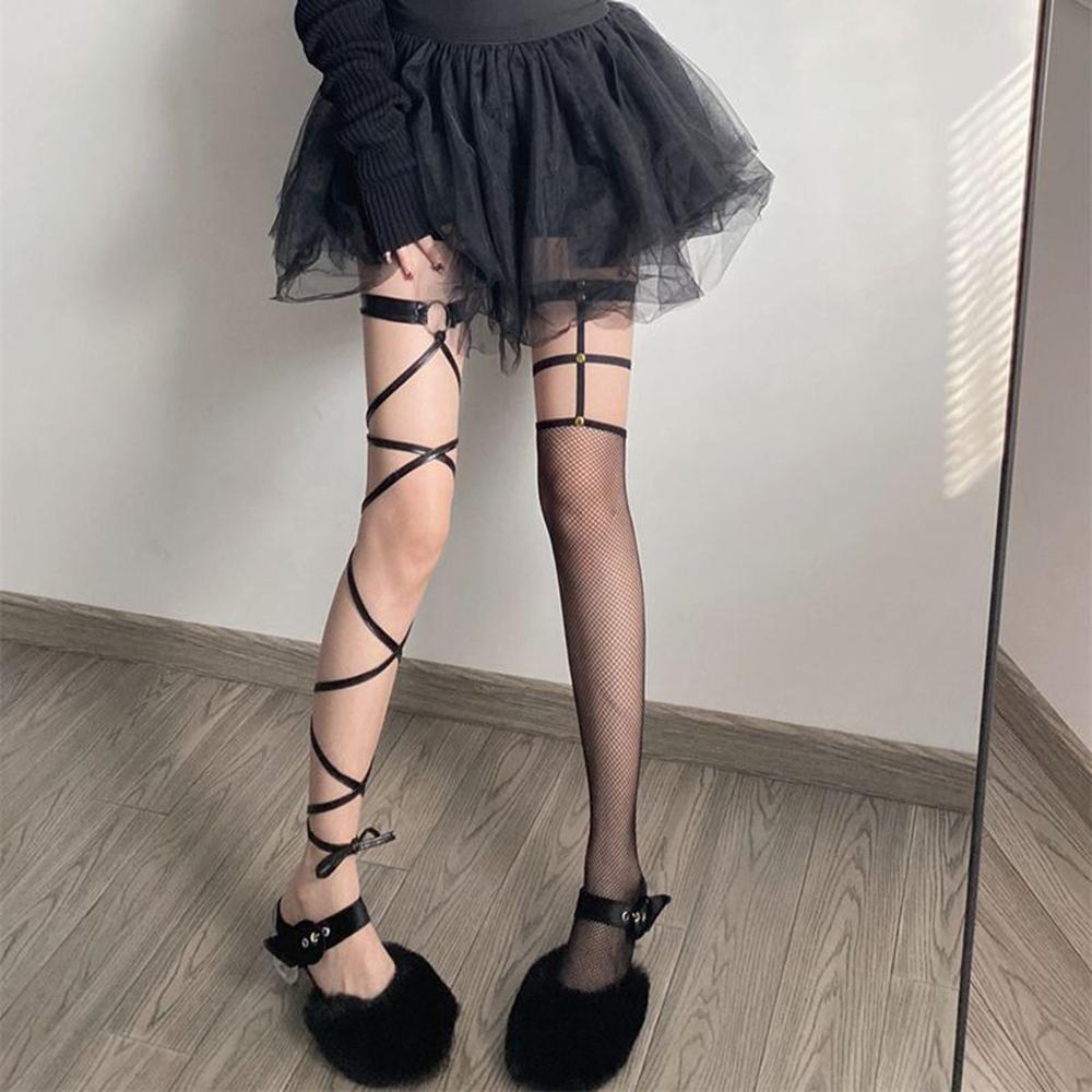 Calze da Donna con Borchie Anello per Gamba Calze al Ginocchio Rete Design a Benda Sexy Modellanti Per Stile Y2K Punk/Lolita Collant Calze