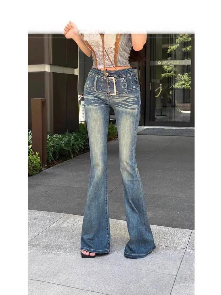 Retro Gradient Flare Jeans: Women's High Waist, Slimming Floor-Length American Style for Autumn