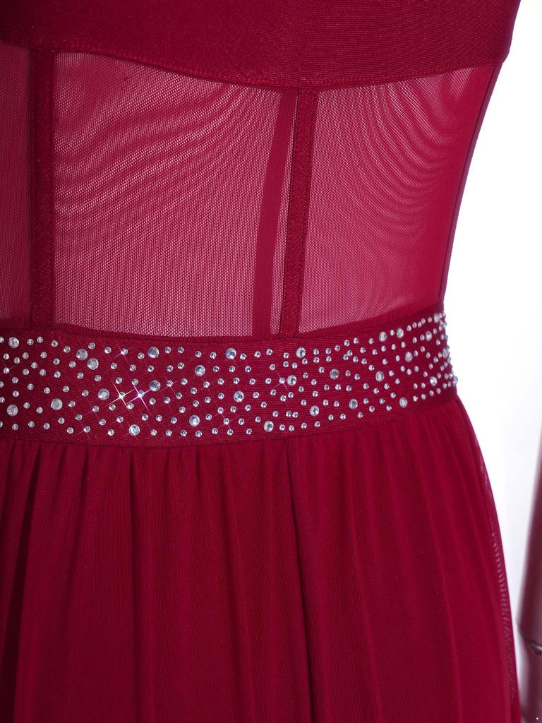 Women Lyrical Dance Unitard Glitter Rhinestone Halter Backless Sheer Waist Tight Pants Mesh Layer Jumpsuit Flowing Dancewear for Stage Performance