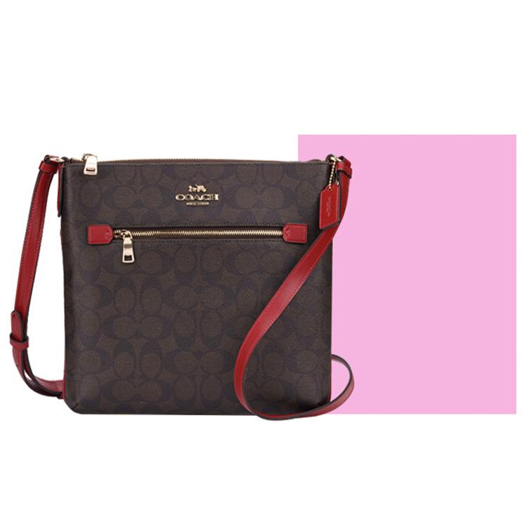 New COACH Rowan Canvas With Leather Document Bag, Crossbody Bag, Shoulder Bag Medium Women's Dark Brown & Red C1554-IMRVQ