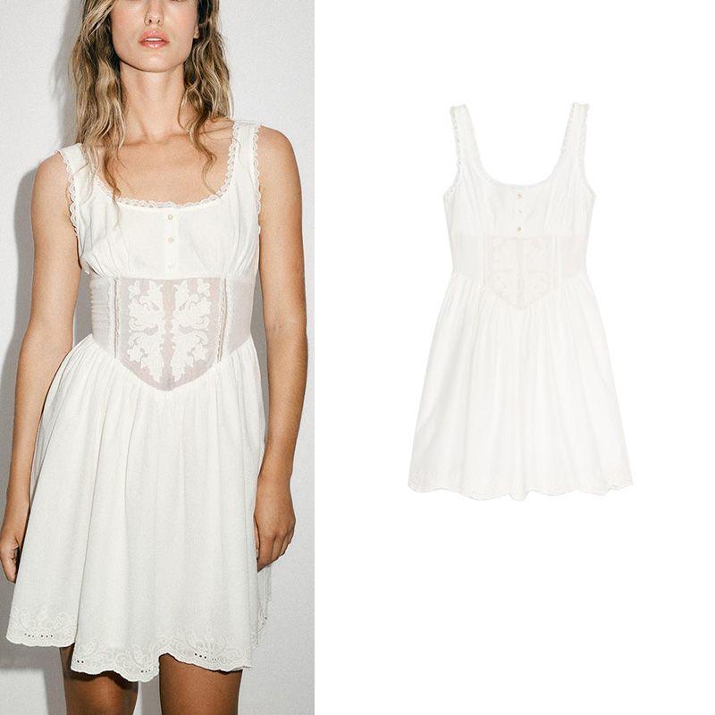 Summer New Product Women's Clothes French Round Neck Wide Shoulder Strap Embroider and Lace Trim Mini Dress 7200028