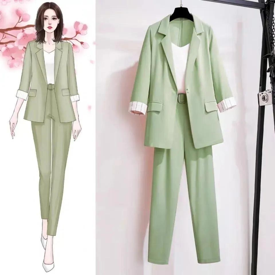 Frühling Übergröße Koreanischer Eleganter Damenanzug Damenblazer Freizeithose Tweedanzugjacke Dreiteiliges Jacke-Hosen-Set