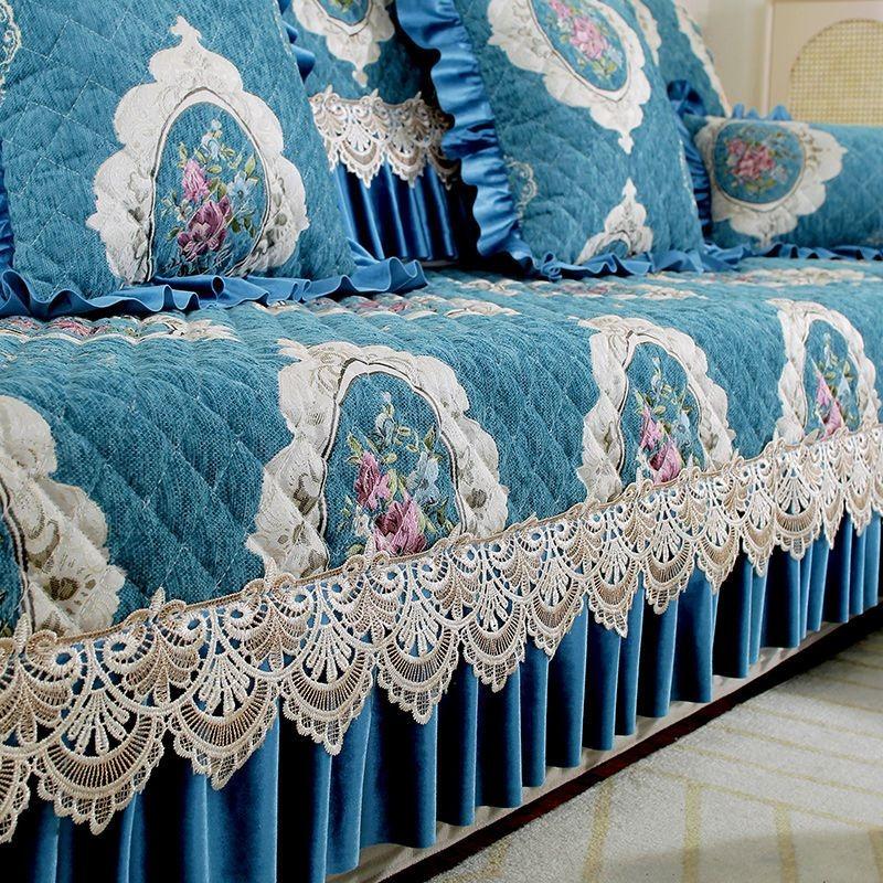 Thicken Lace Embroidered Sofa Cover Cotton Padded Chenier Sofas Cushion L Anti Slip Seat Cushion Furniture Protection Dust Covers Cloth