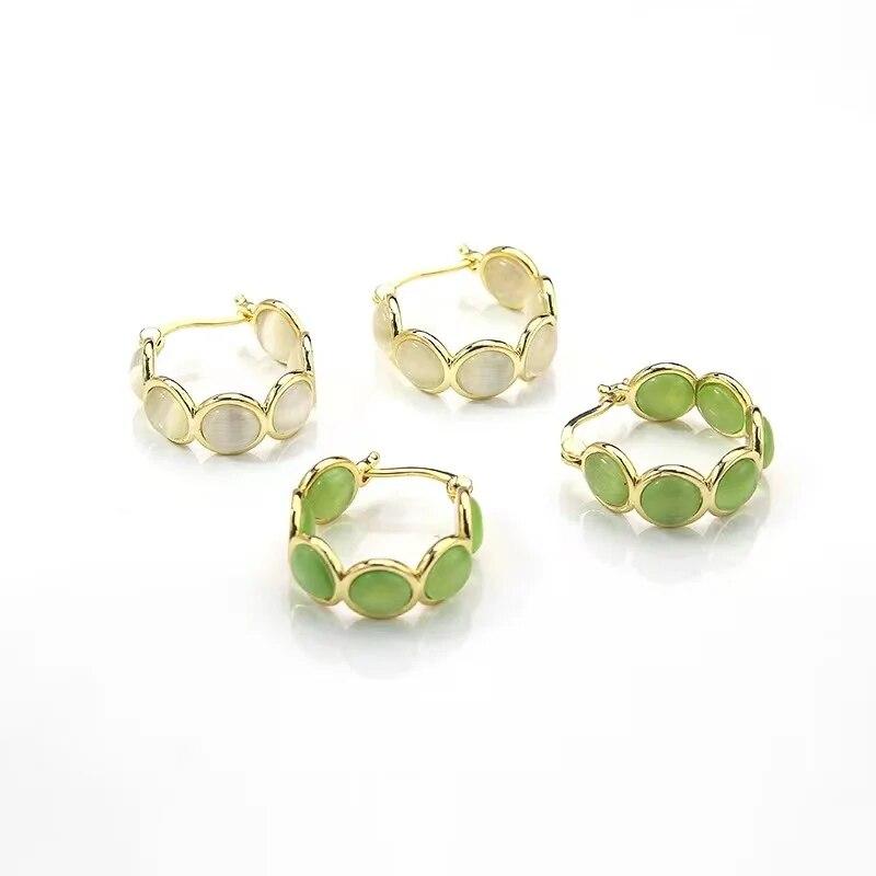 Design Sense White and Green Opals Round Hoop Earrings for Women‘s Korean Fashion Jewelry Luxury Shiny Accessories