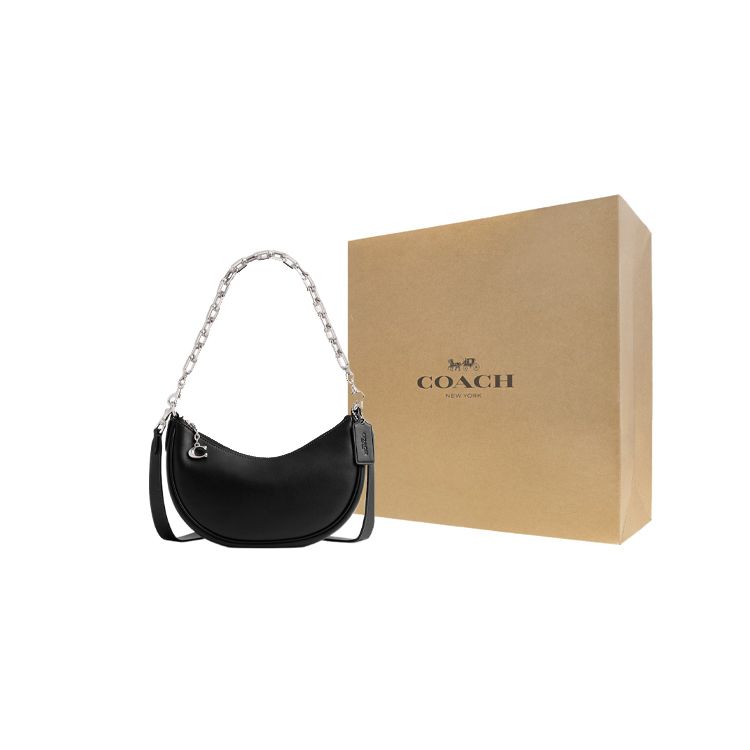 Coach Mira 24 Solid Color Logo Pendant Zipper Closure Glove Tanned Leather Half Moon Handheld Crossbody Shoulder Bag Medium Women Handbags CM583-LHBLK