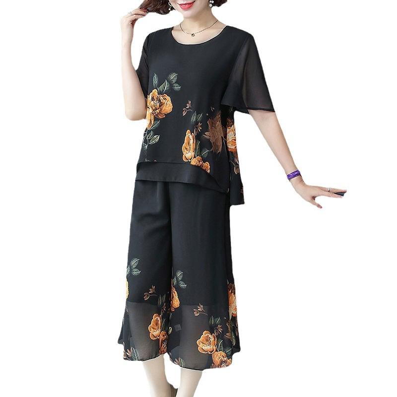 2021 Summer Chiffon Two-Piece Set for Middle-Aged and Elderly Women: Fashionable Loose Style for Mothers