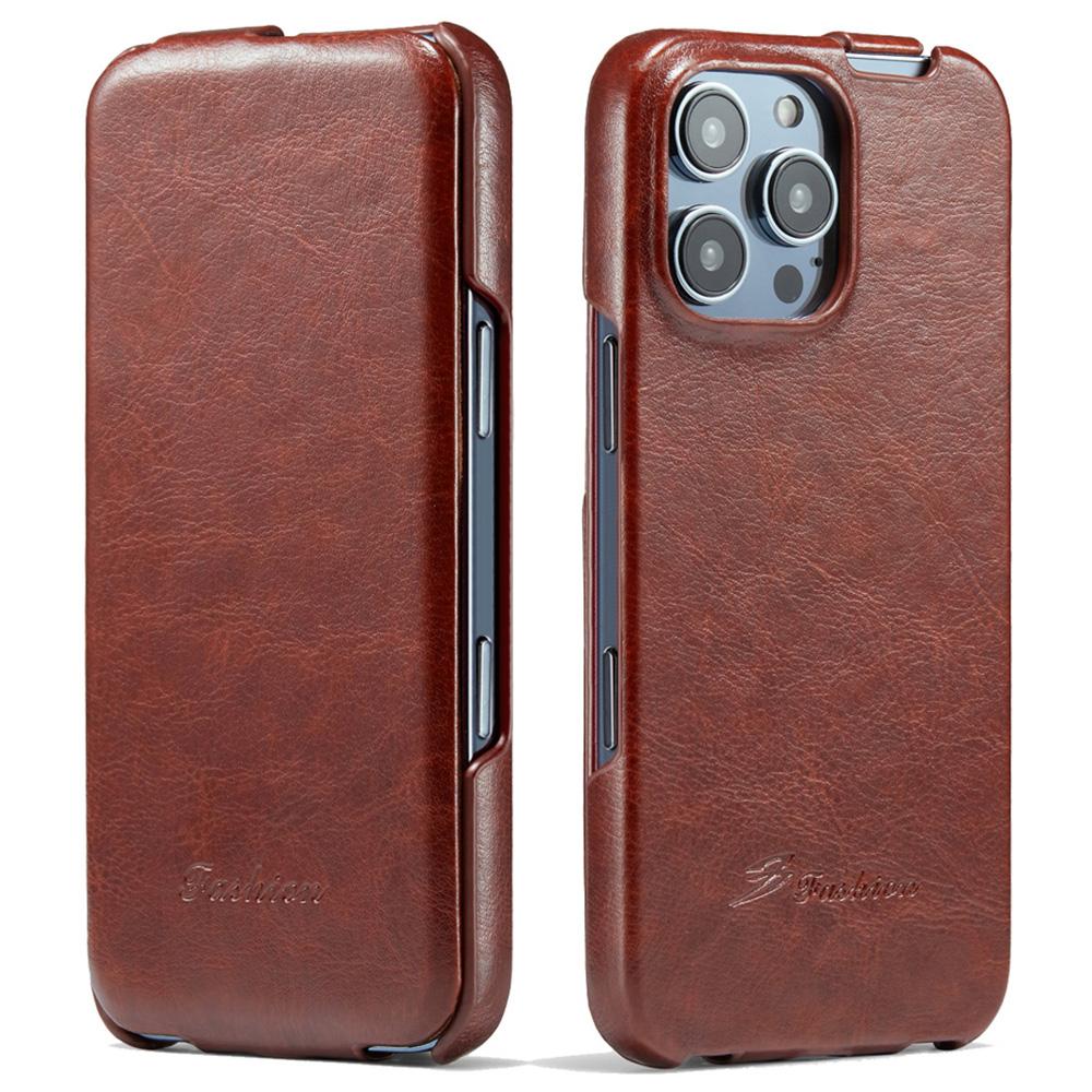 

For iPhone 16 Pro Case Vertical Flip Leather Crazy Horse Texture Phone Cover Brown