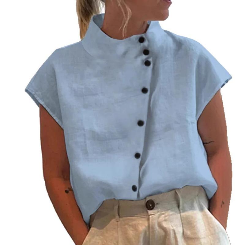 Chemise Décontractée Confortable à Manches Courtes pour Femme avec Col Montant et Boutons