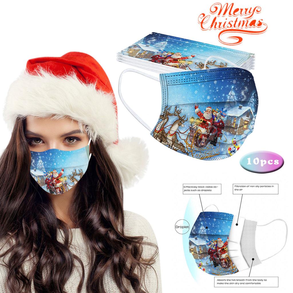 10pc Christmas Print  for  Face Mask Disposable Earloop Mask