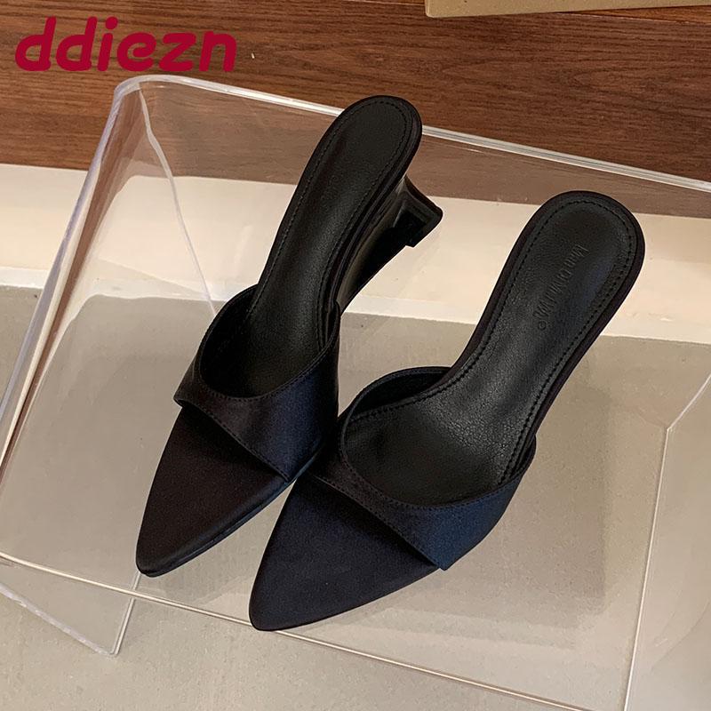 Fashion Fashion Pointed Toe Women Wedges Heeled Sandals Slides Footwear Shallow Ladies Heeled Wedges Sandals Slippers Shoes Female Pumps