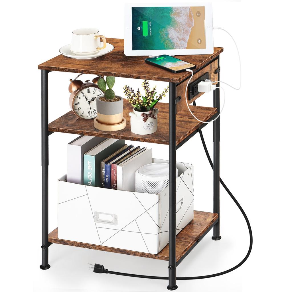Nightstand with USB Charging Station, 3 Tier Narrow End Side Table with Storage Shelf for Living Room Bedroom Balcony, Black