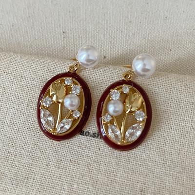 Vintage Court Style Red Dripping Oil Tulip Pearl Stud Earrings Women'S Niche High Sense Fashion Versatile Earrings