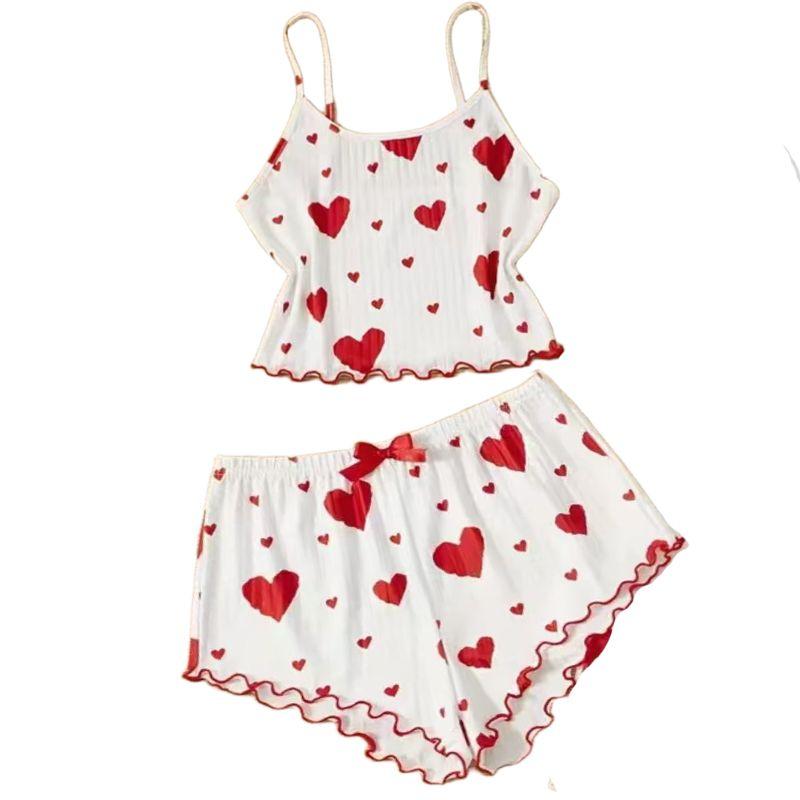 

2025 New Sexy Pajamas Women s Spring and Summer Love Pattern Suspenders Casual Fashion Cross-Border Hot Selling Homewear Red Two-piece set XL