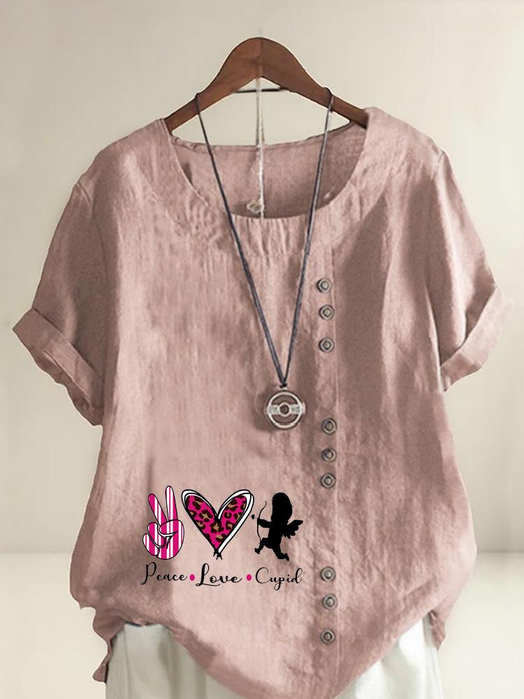 Women s Fashion Love Letters Print Casual Cotton Linen Short Sleeve Round Neck T-shirt Shirt Leisure Loose Summer Blouse Tops S розовый