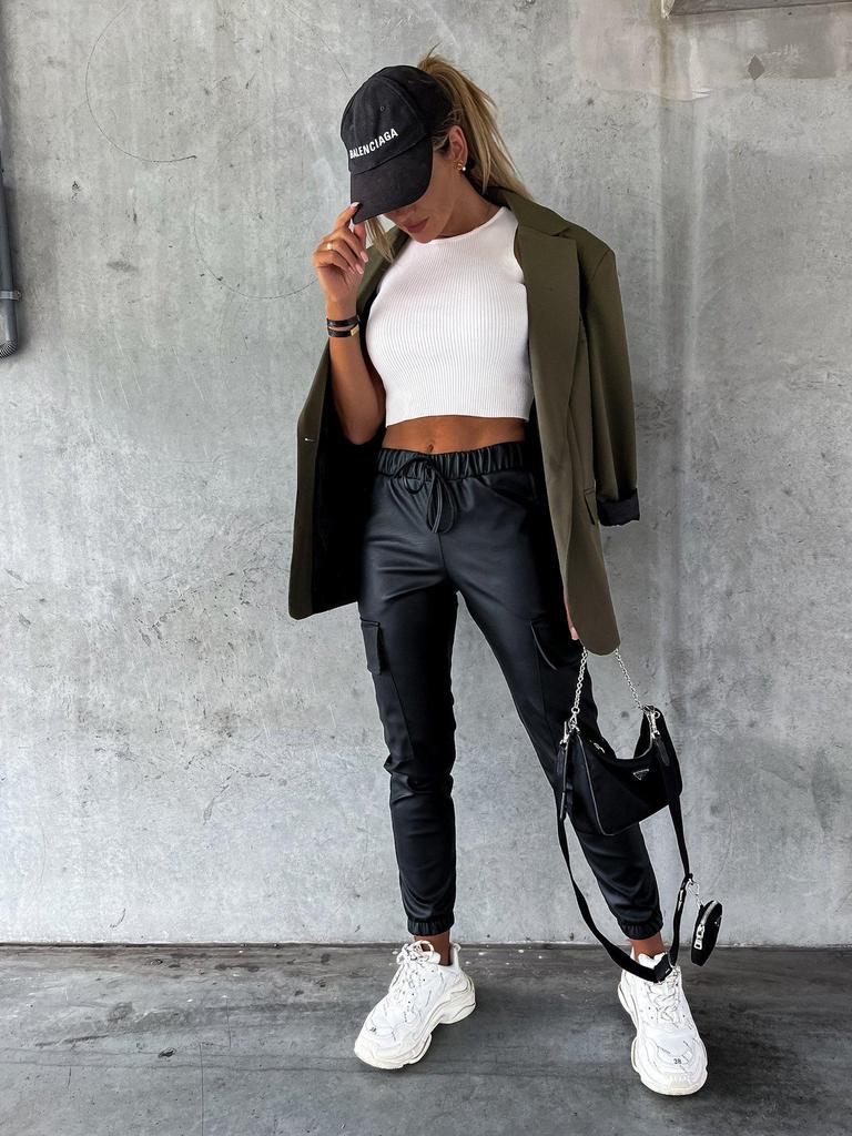 European & American Autumn/Winter Street Style Waist-Cinching Leather Drawstring Pants