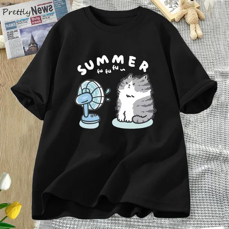 Summer Funny Cat and Fan Graphic T Shirts Women Men Short Sleeve T Shirt Harajuku Women's Clothing Female Streetwear Tops