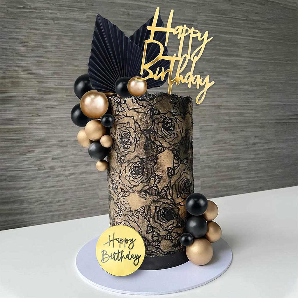 24PCS Man  Black Gold Ball Happy Birthday Cake Topper Decorations for Black Boho Wedding Boy Birthday Party Baby Shower Supplies