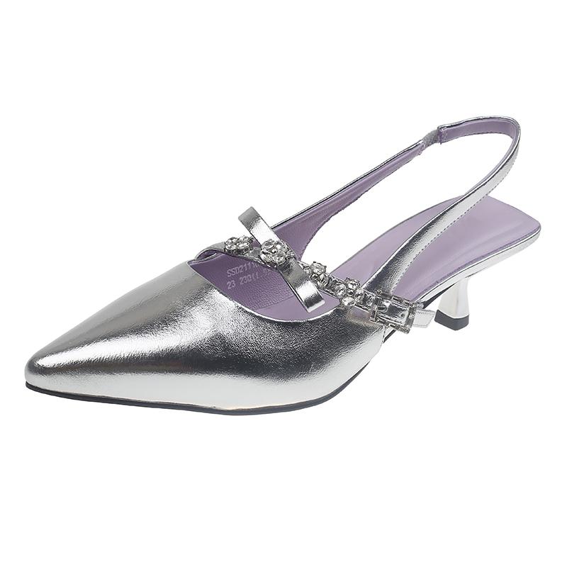 

Fashion 2025 New Stiletto Pointed Toe Casual Kitten Heel Shoes Baotou Shallow Mouth Fashion Summer Sandals for Women 35 серебряный