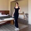 Temperament Slim and Thin Black Short-sleeved Split Backless Dress Children's Summer High-end Long Dress New