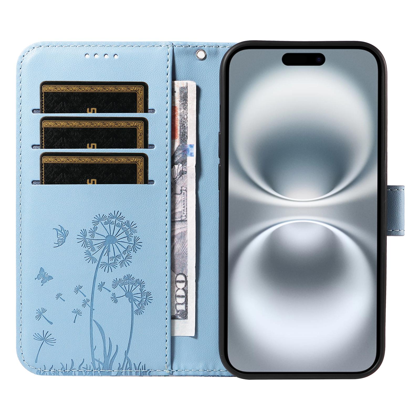 

For iPhone 16 Leather Case Wallet Phone Cover Dandelion Imprint Blue
