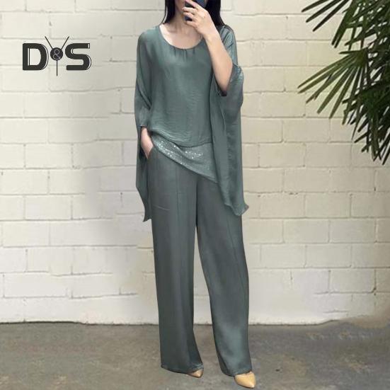 Abito casual da donna con giunture Top Pantaloni a gamba larga Abito ampio per casa Festa Ufficio Girocollo Manica a pipistrello Abito da pendolarismo