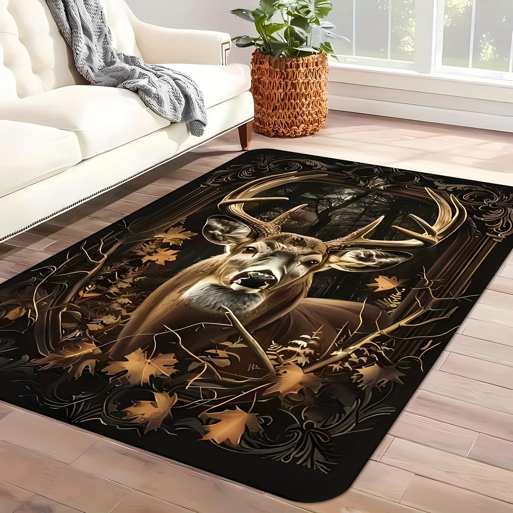 Vintage Autumn Deer Print Non-Slip Area Rug, Soft Flannel Carpet for Living Room Bedroom Entryway Study Game Room Decor