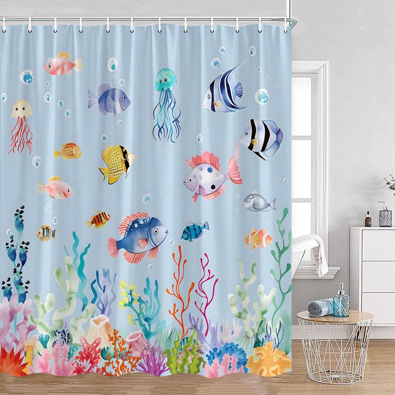 Blaue Meeresschildkröte Duschvorhänge Aquarell Seestern Fische Seegras Ozean Badevorhang Set Stoff Heim Badezimmer Dekoration mit Haken