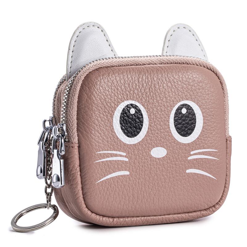 

New cute cat double zipper change bag, genuine leather mini coin bag, keychain storage bag, niche lipstick bag. розовый