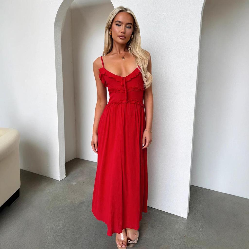 2026 European Spring/Summer Spaghetti Strap Ruffle Dress - Casual Loose Vacation Wear for Women